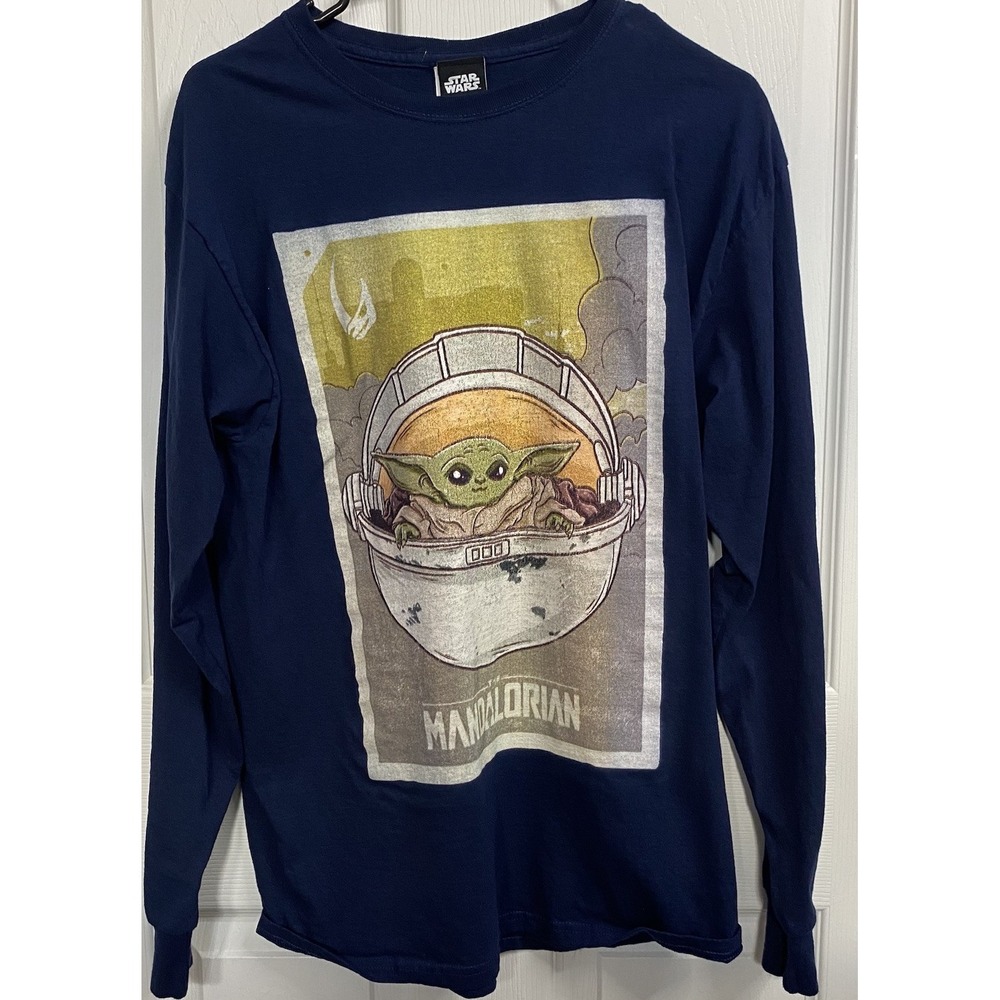 Star Wars Baby Yoda Men's Long Sleeve Tee Shirt‎ Navy Blue Sz. M Cotton